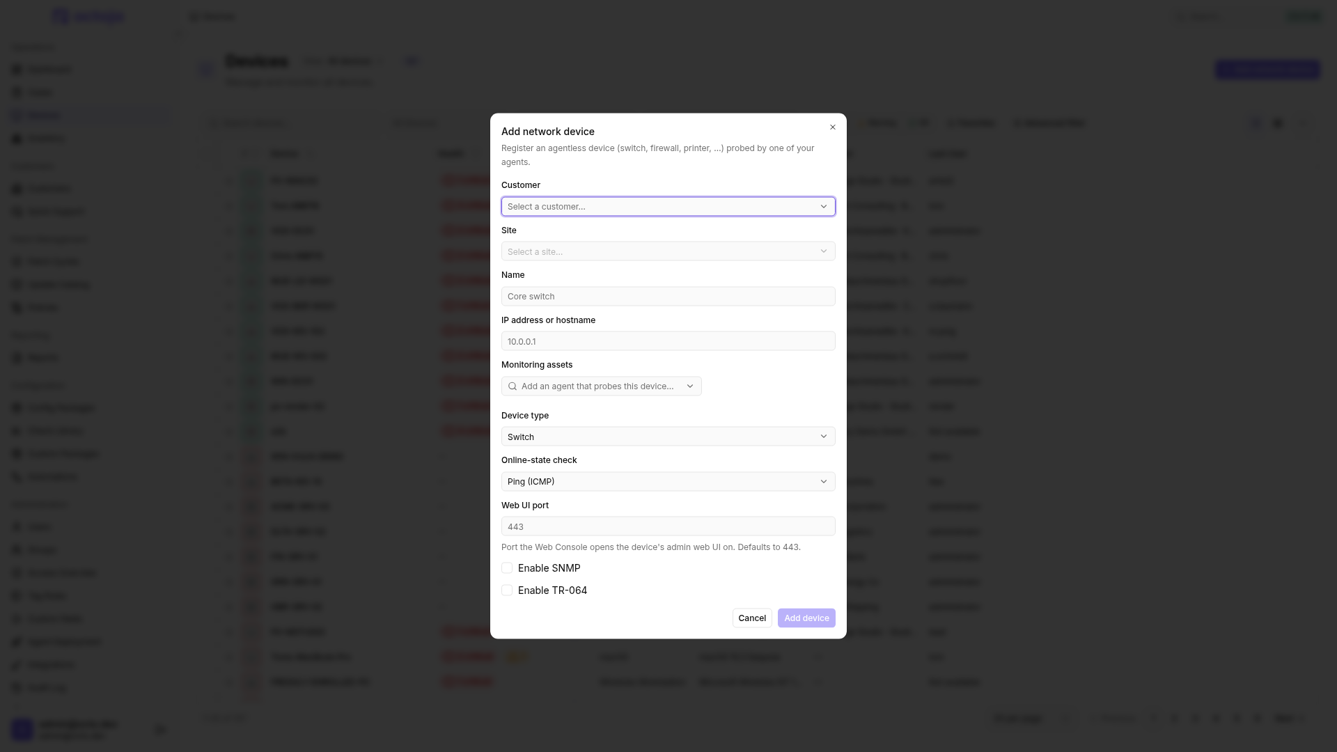 The Add network device form with customer, site, address, monitoring asset, device type, and protocol settings.