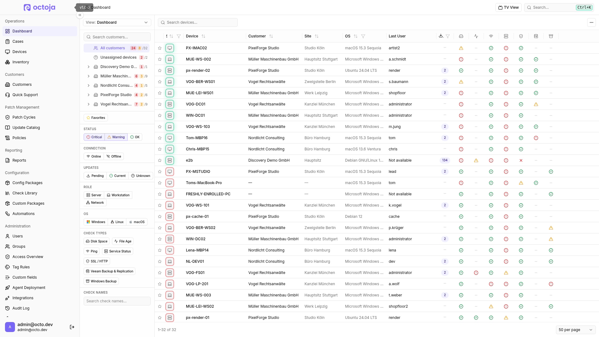 The Dashboard with the version tooltip visible beside the octoja logo in the sidebar.