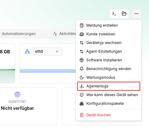 Ausschnitt der Gerätedetailseite mit geöffnetem Aktionsmenü. Ein roter Rahmen hebt den Eintrag Agentenlogs hervor.