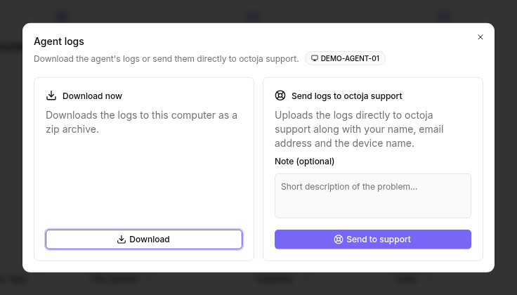 The Agent logs dialog with Download now and Send logs to octoja support sections, the optional note field, and the Send to support button.