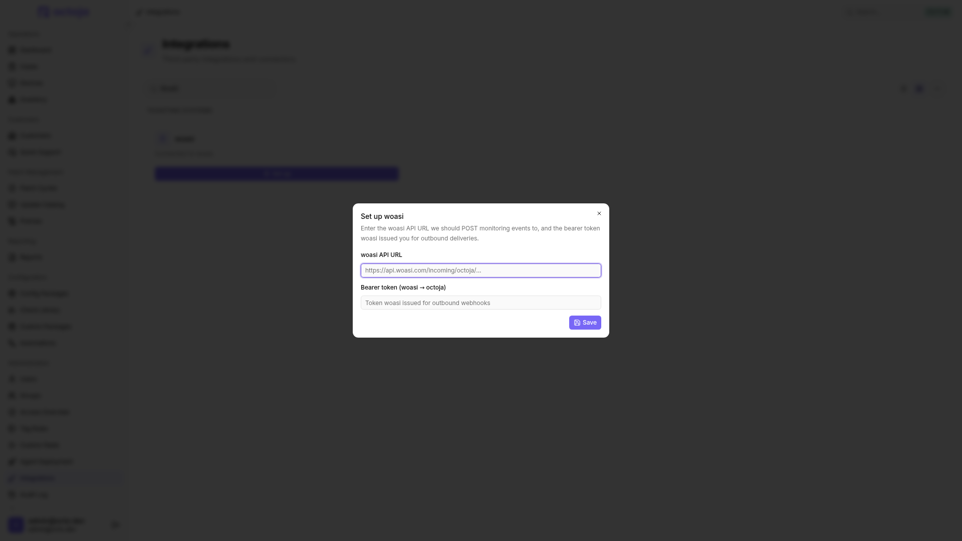 The Set up woasi dialog with woasi API URL and Bearer token fields, plus the Save button.