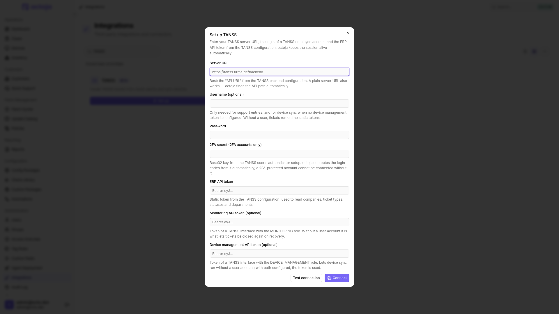 The Set up TANSS dialog with fields for the server URL, optional credentials, 2FA secret, and ERP, monitoring, and device management API tokens, plus Test connection and Connect buttons.
