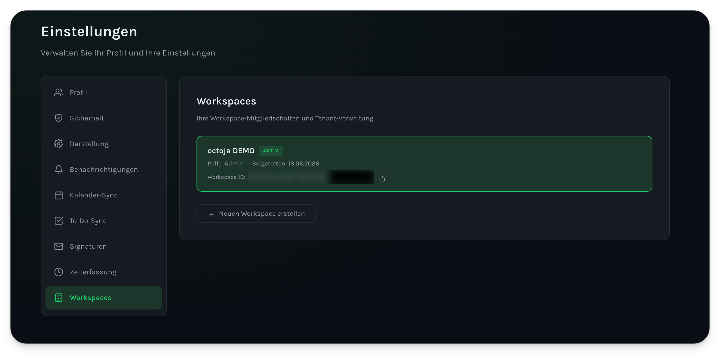 Die Einstellungen-Seite von Codemeta OS auf dem Tab Workspaces mit dem aktiven Workspace „octoja DEMO", dessen Rolle, Registrierungsdatum und der Workspace-ID, die als Tenant-ID dient.