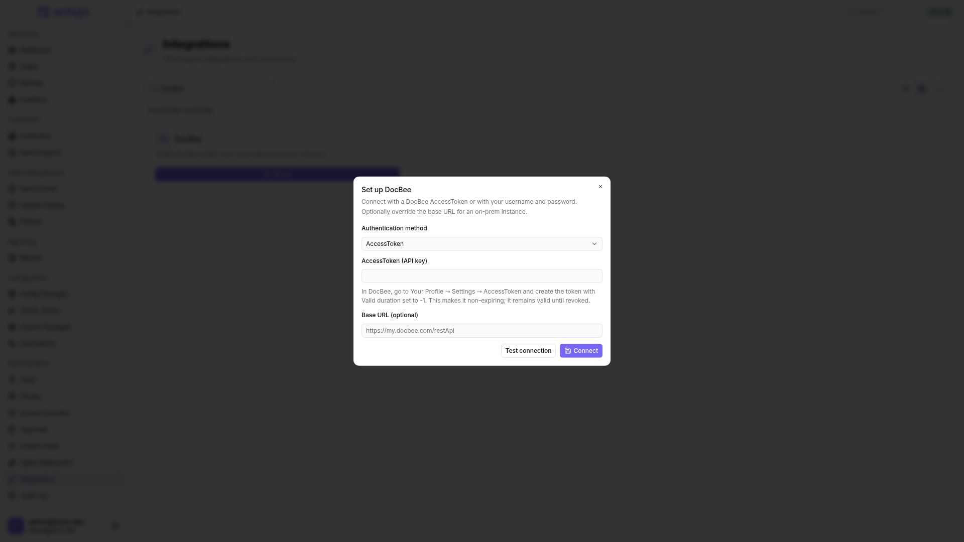 The Set up DocBee dialog with AccessToken selected as the authentication method, fields for the access token and optional base URL, plus Test connection and Connect buttons.
