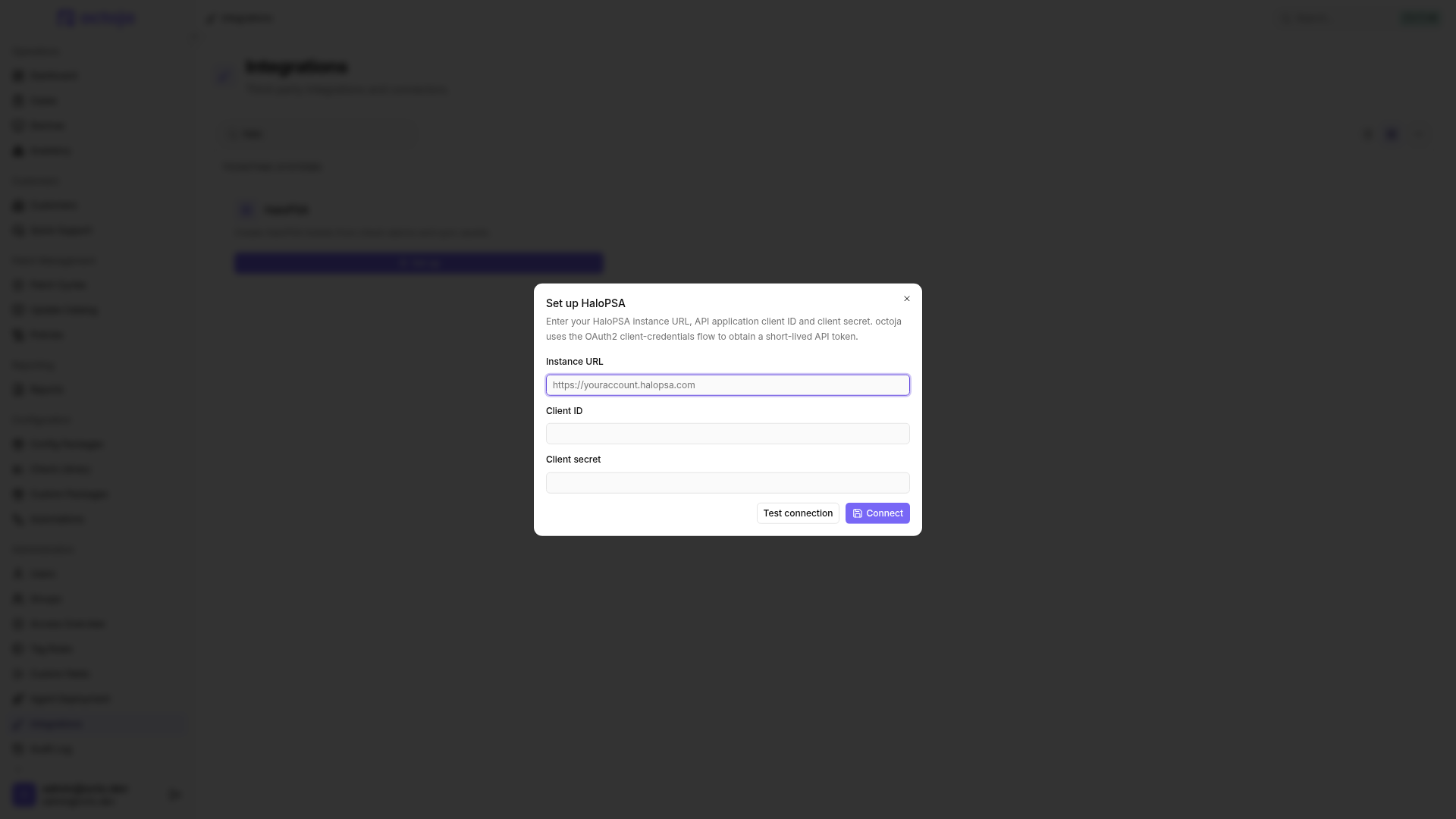 The Set up HaloPSA dialog with Instance URL, Client ID, and Client secret fields, plus Test connection and Connect buttons.
