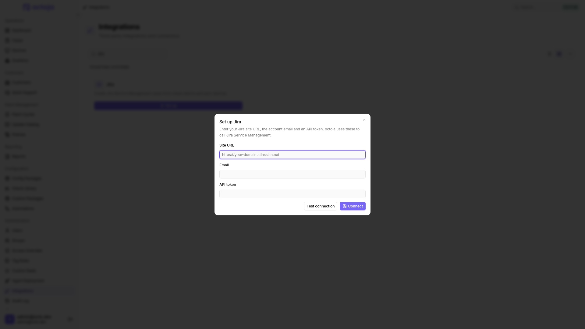 The Set up Jira dialog with Site URL, Email, and API token fields, plus Test connection and Connect buttons.