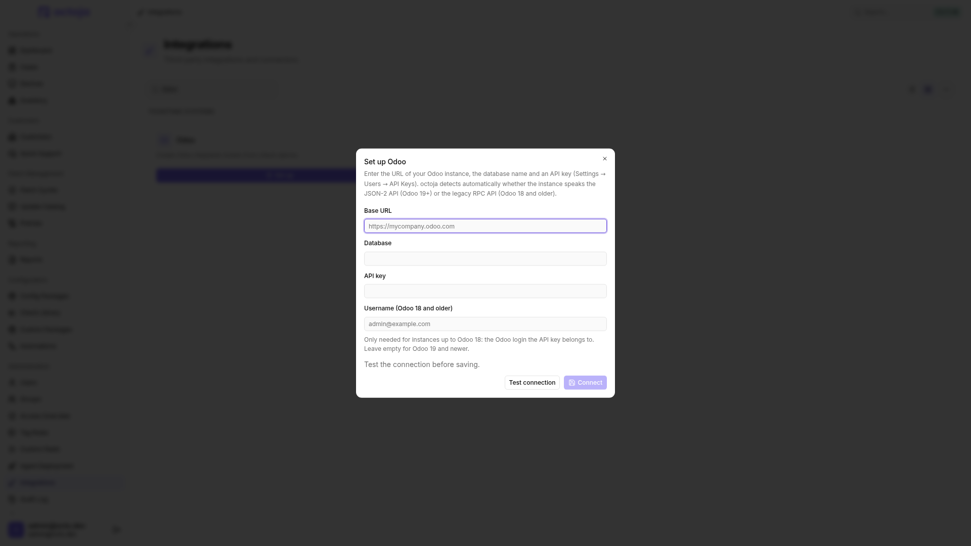 The Set up Odoo dialog with Base URL, Database, API key, and Username for Odoo 18 and older fields, plus Test connection and Connect buttons.