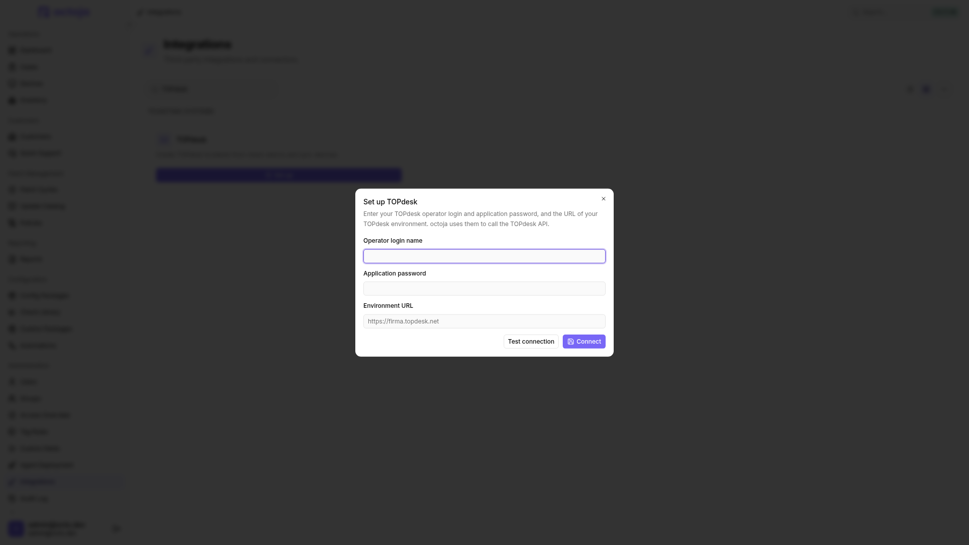 The Set up TOPdesk dialog with Operator login name, Application password, and Environment URL fields, plus Test connection and Connect buttons.