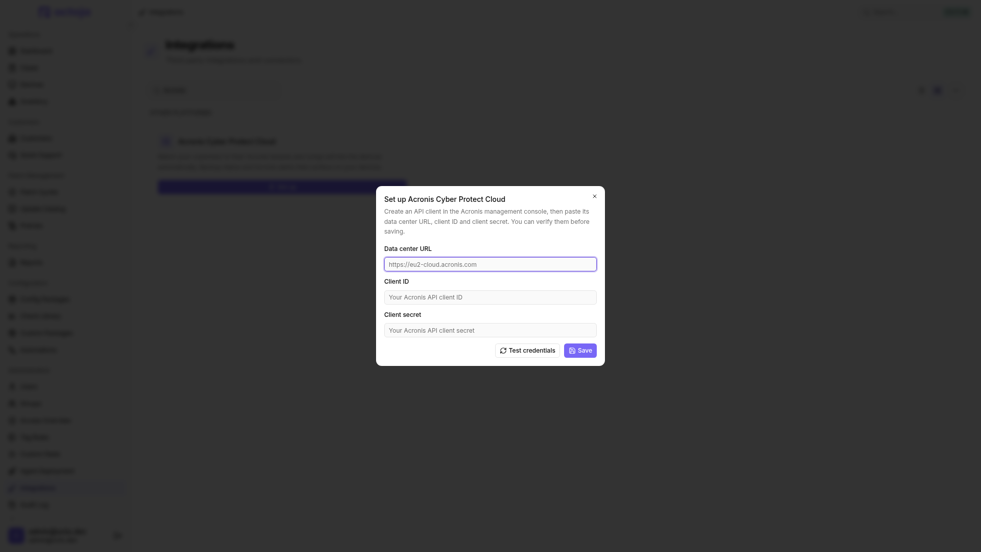The Set up Acronis Cyber Protect Cloud dialog with Data center URL, Client ID, and Client secret fields, plus Test credentials and Save buttons.