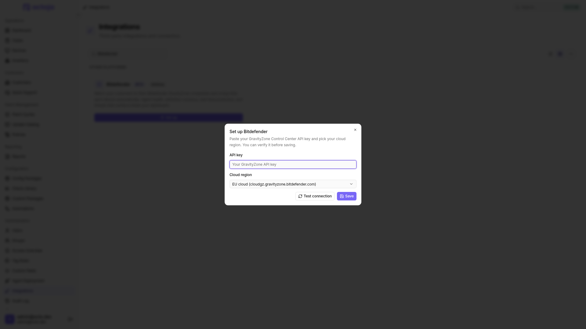 The Set up Bitdefender dialog with API key and Cloud region fields, plus Test connection and Save buttons.