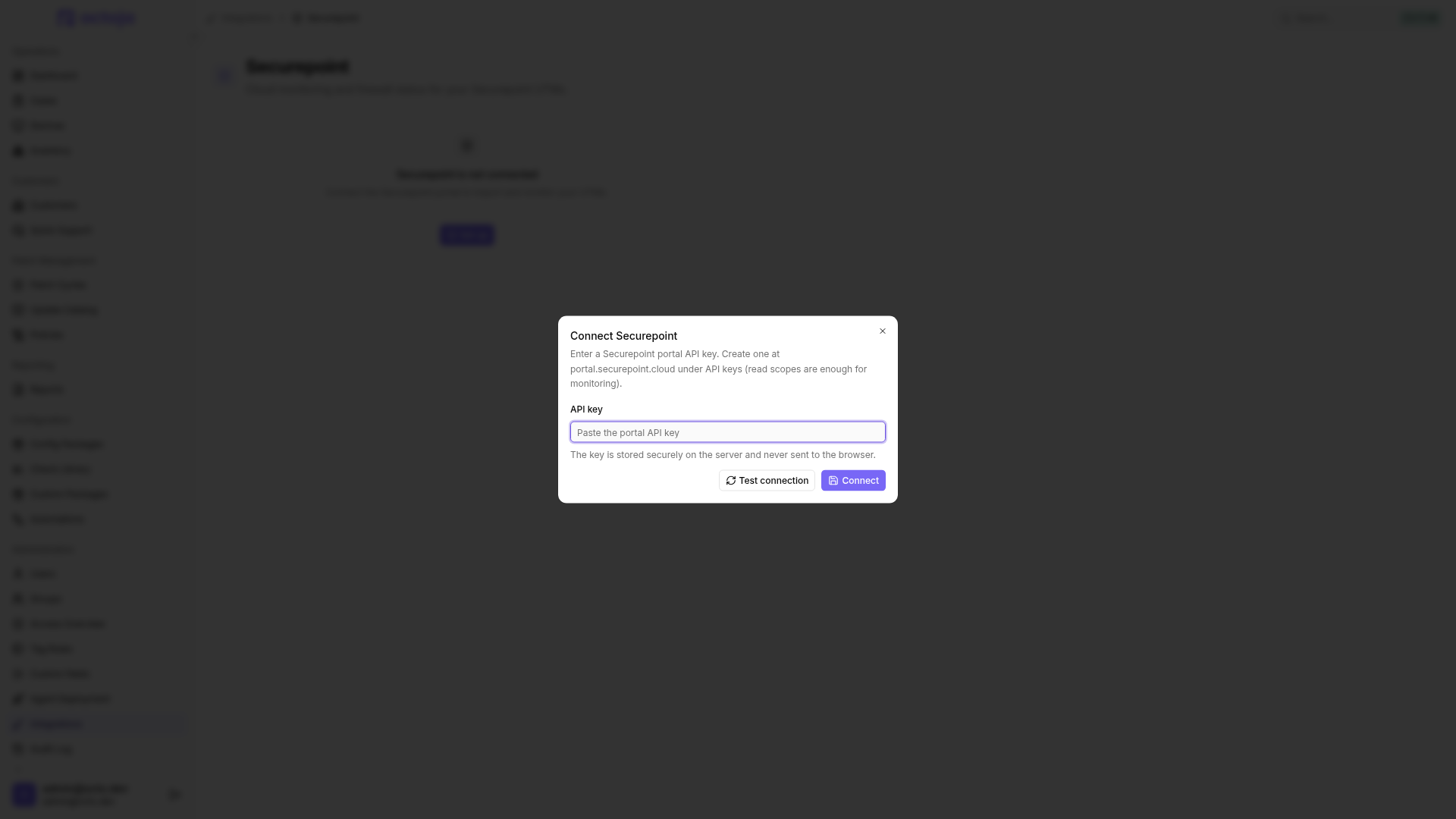 The Connect Securepoint dialog with an empty API key field and the Test connection and Connect buttons.