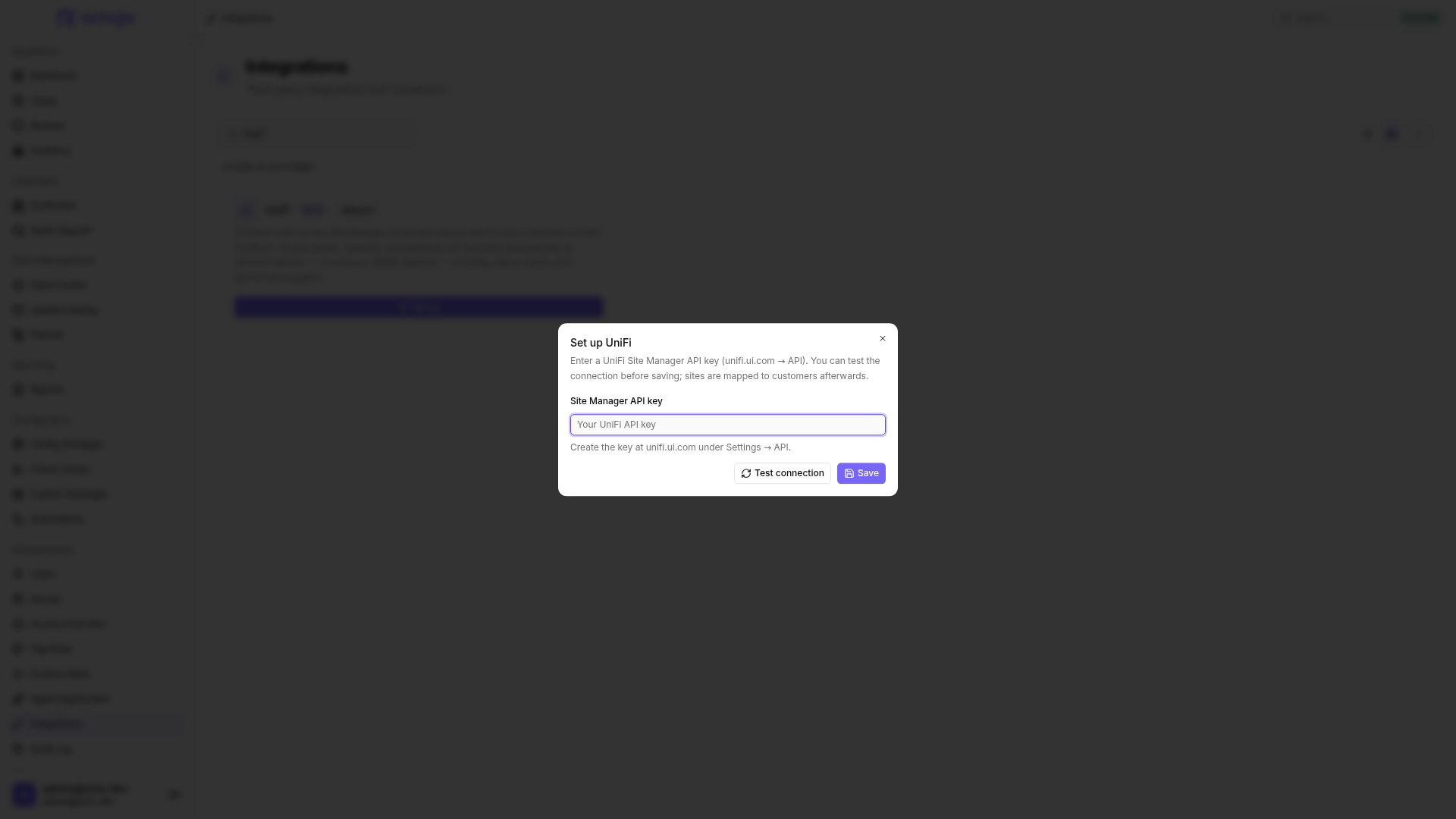 The Set up UniFi dialog with the Site Manager API key field, plus Test connection and Save buttons.