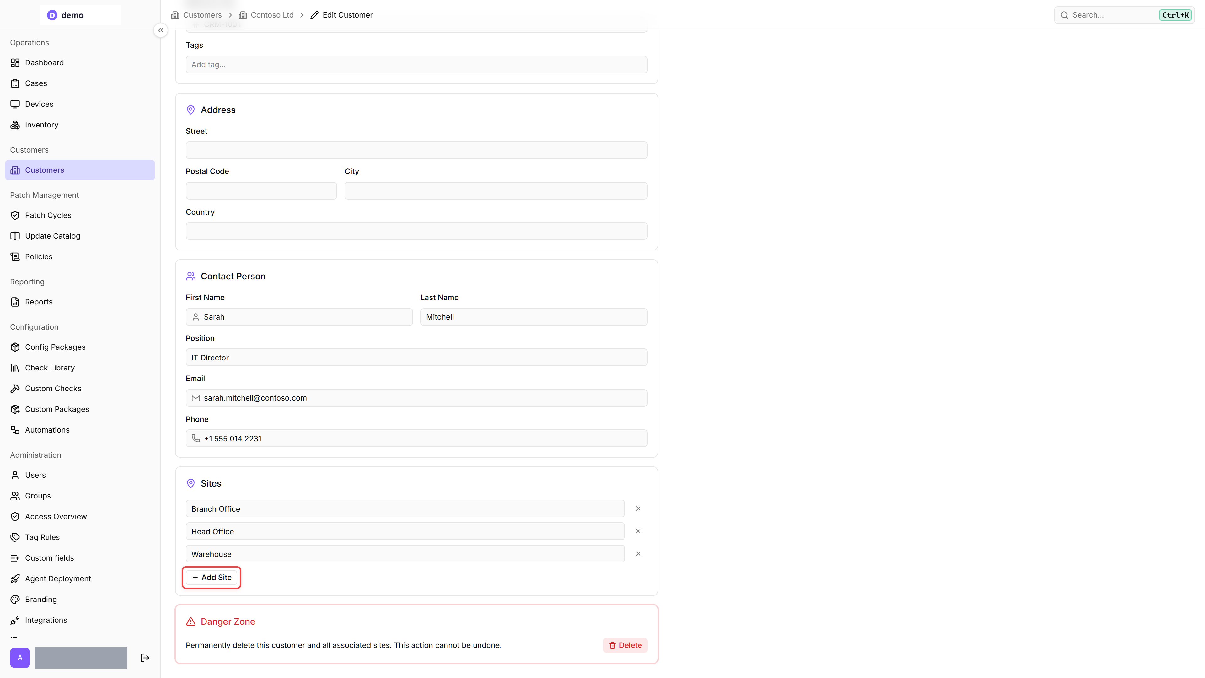 The Contoso Ltd Edit Customer page scrolled to the Sites section, which lists three named site rows (Head Office, Branch Office, Warehouse) each with a remove (×) control under a Name column, and a red-outlined Add Site button below them; the Contact Person section and a red Danger Zone with a Delete button are also visible.