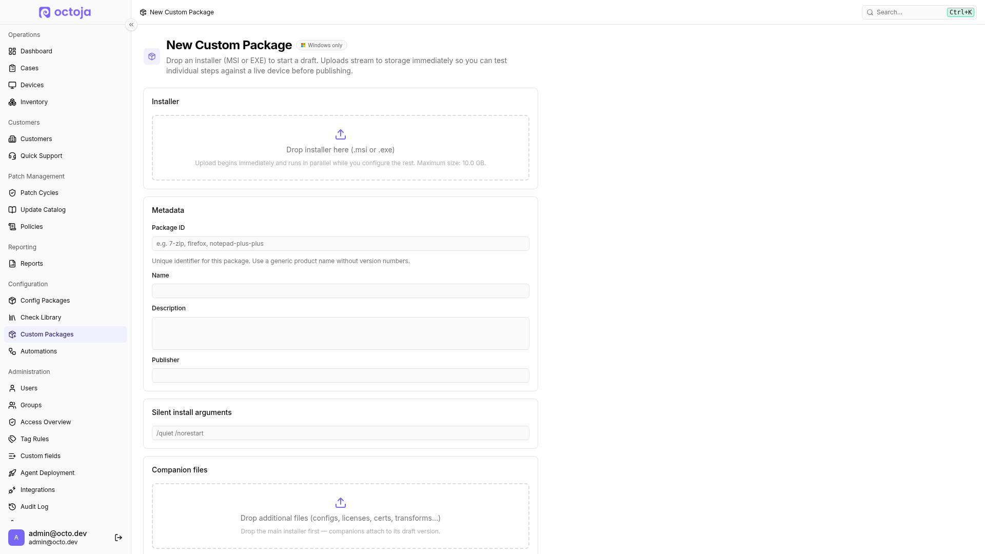 The top of the New Custom Package form with installer upload, package metadata, and companion files.