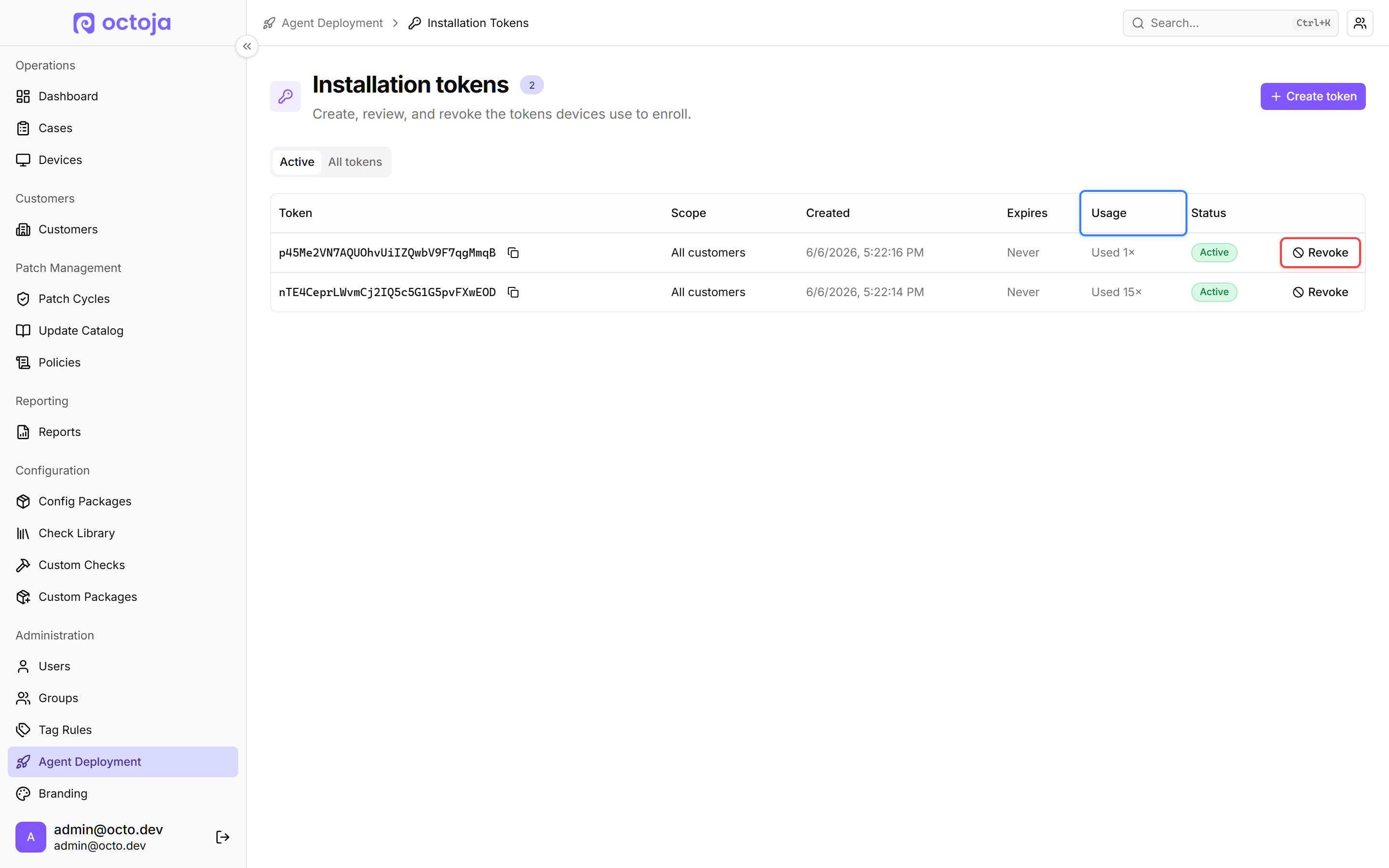 Installation-token overview with revoke