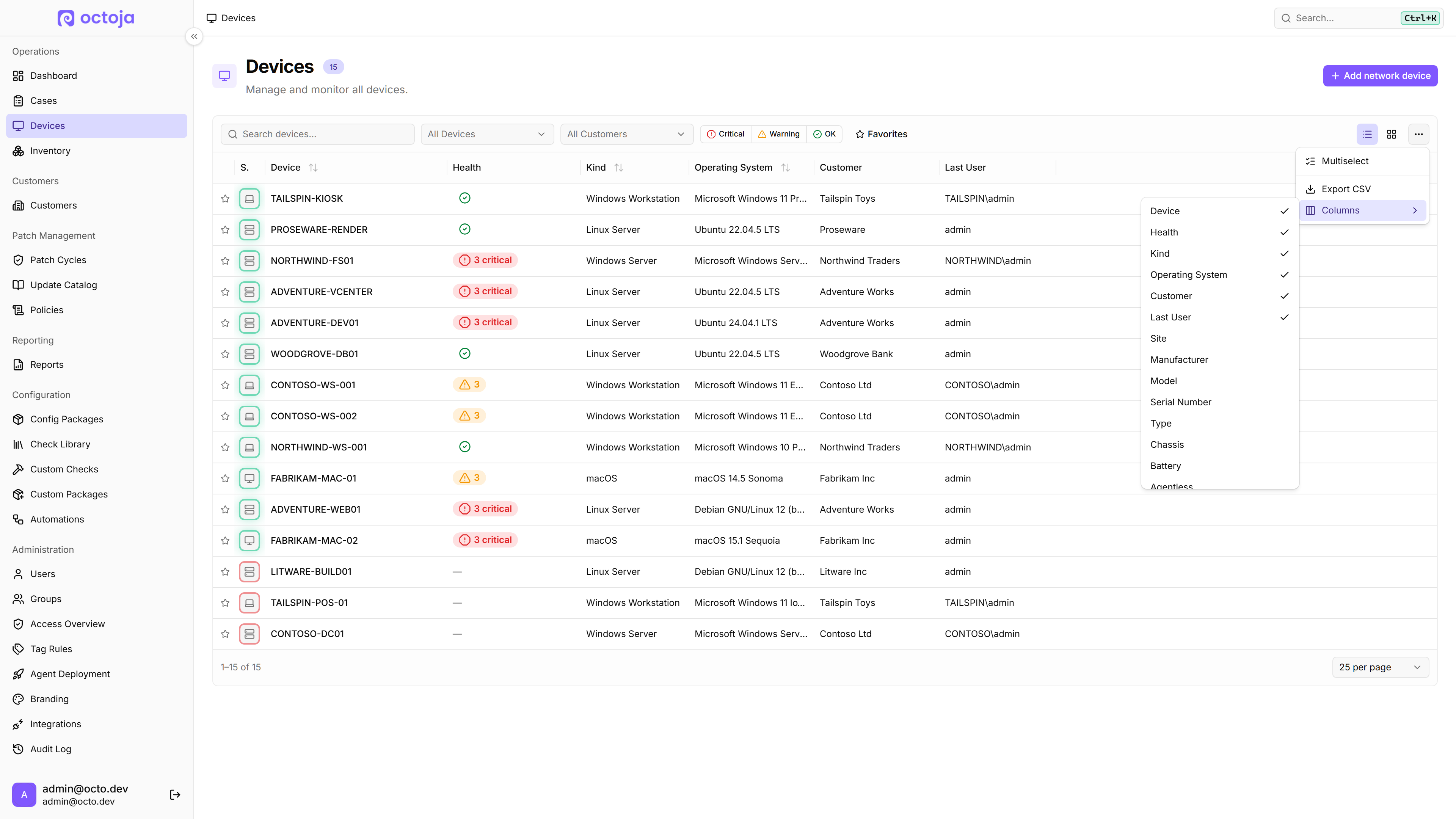Choose which columns to show in the device list, and page size