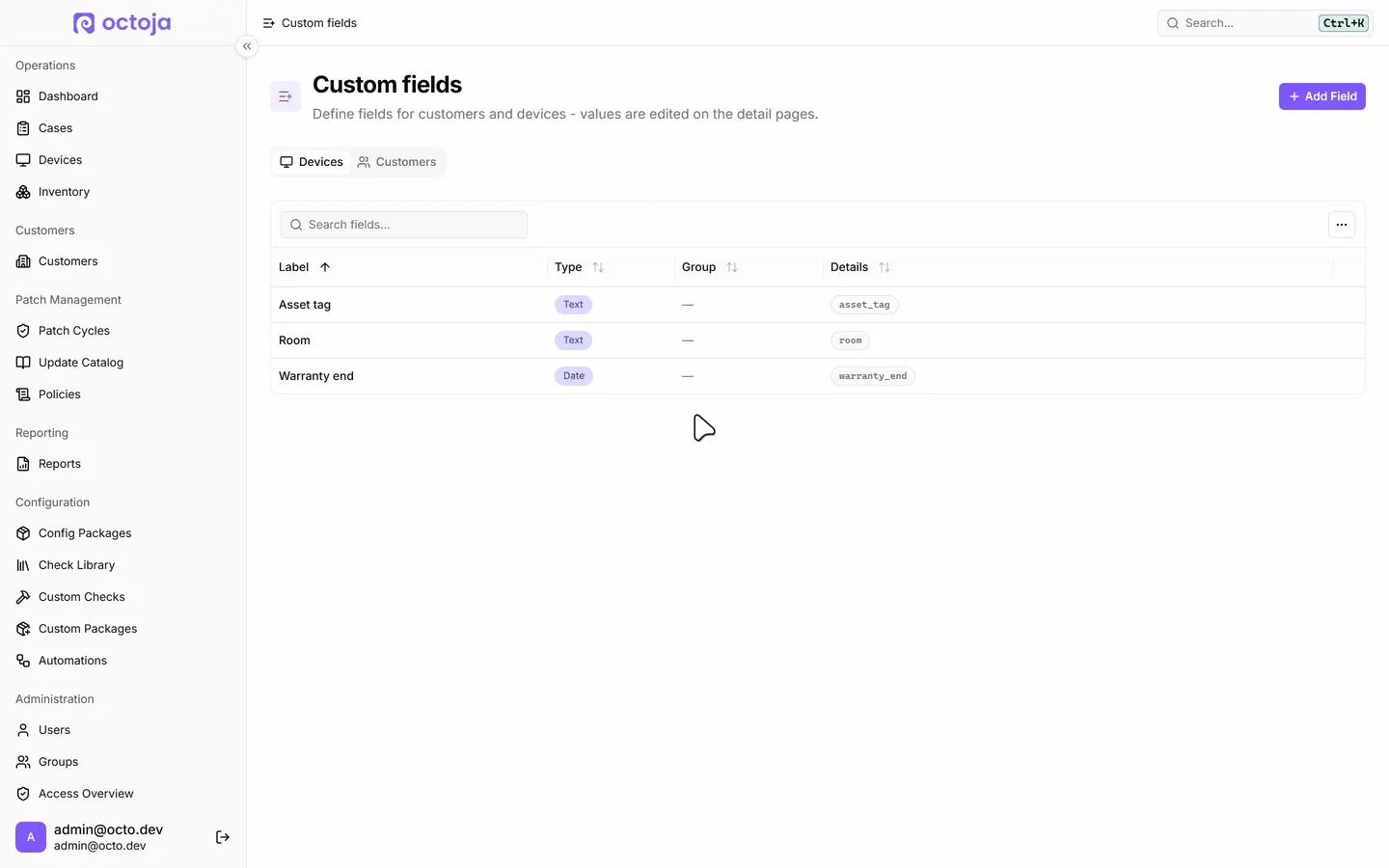 Custom fields for devices and customers