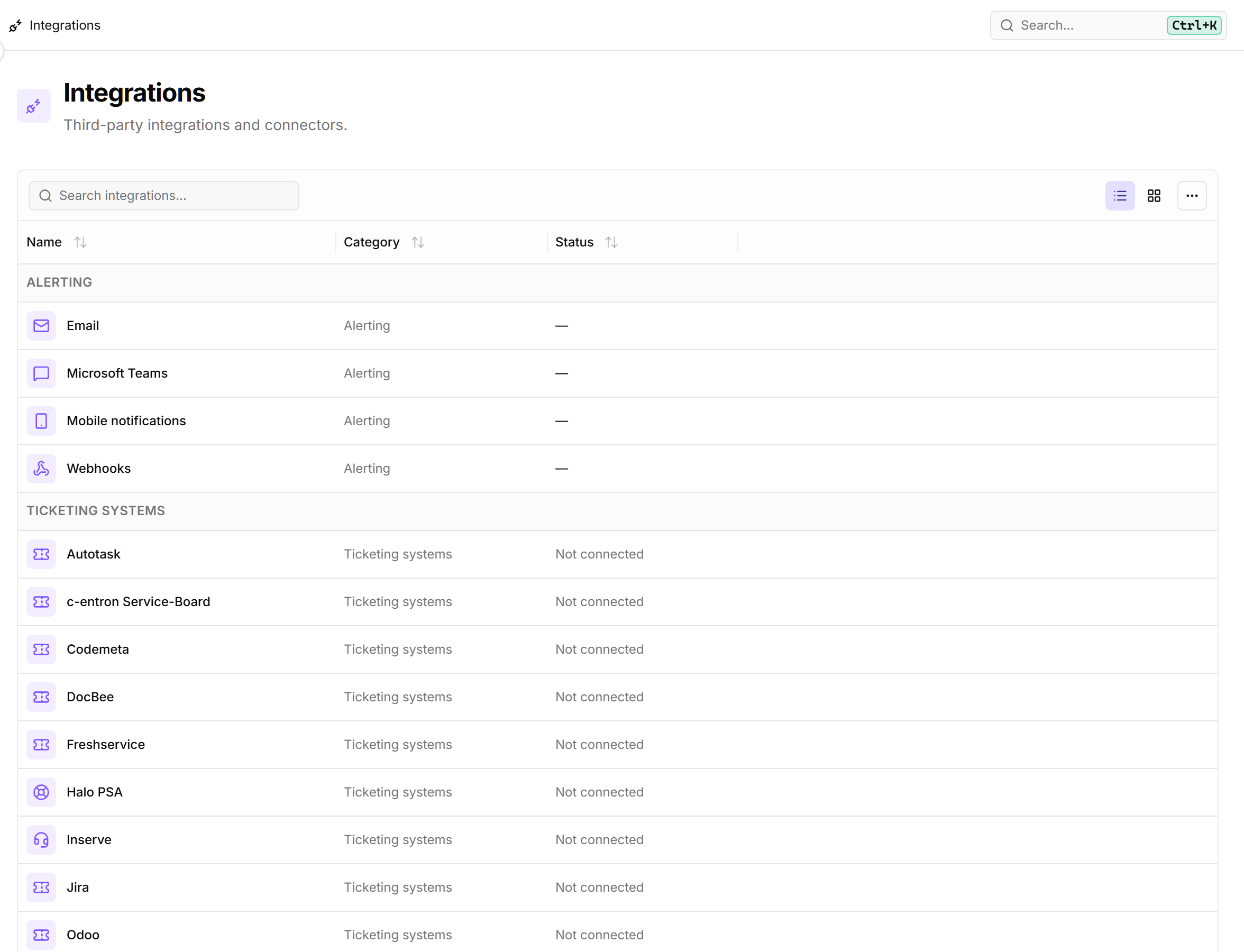 Listenansicht für Berichte, Eigene Checks und Integrationen