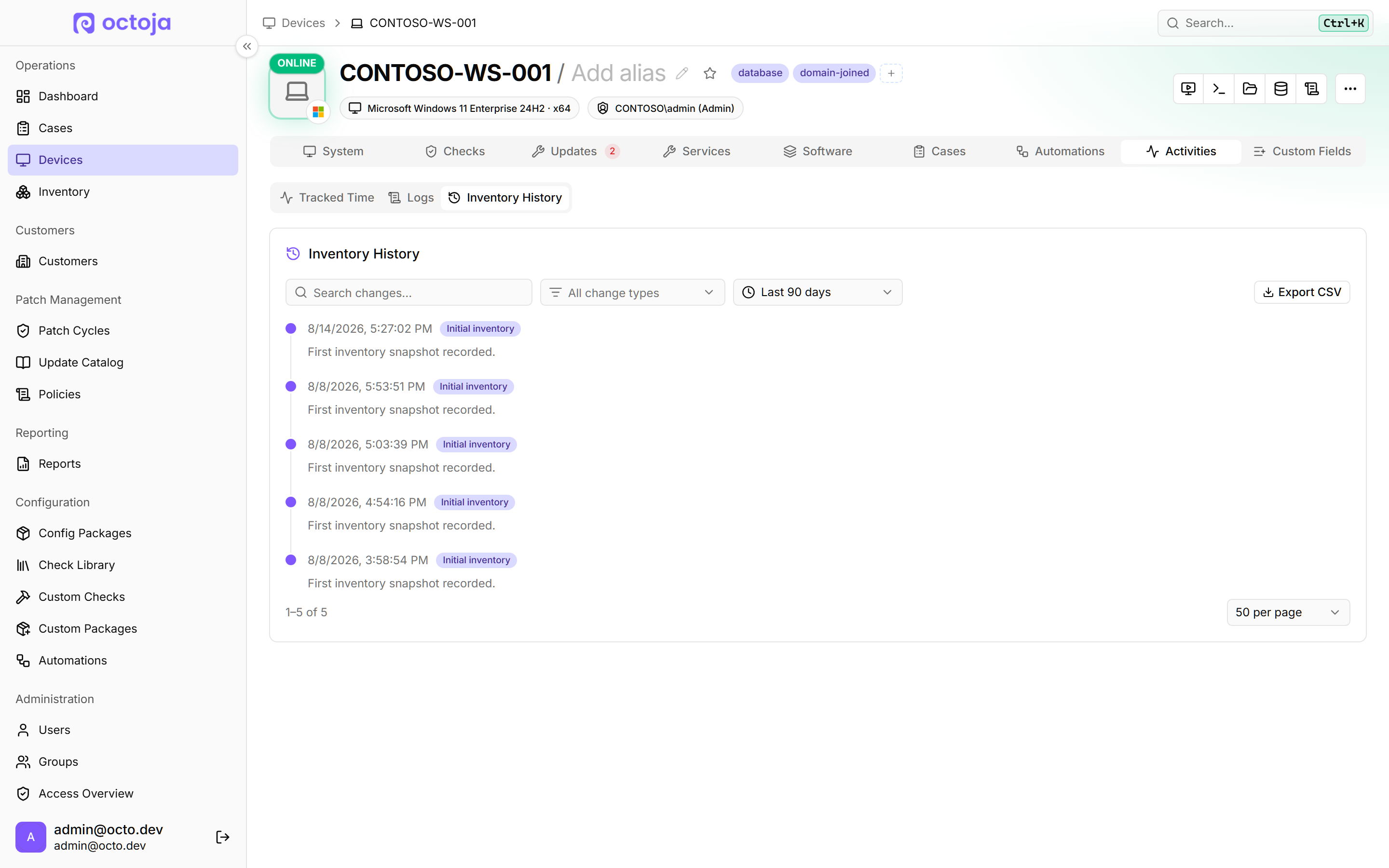 Search, filter and export a device's inventory history